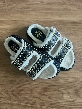 Ash- UTAH Black Studded Shearling-Trim Sandals